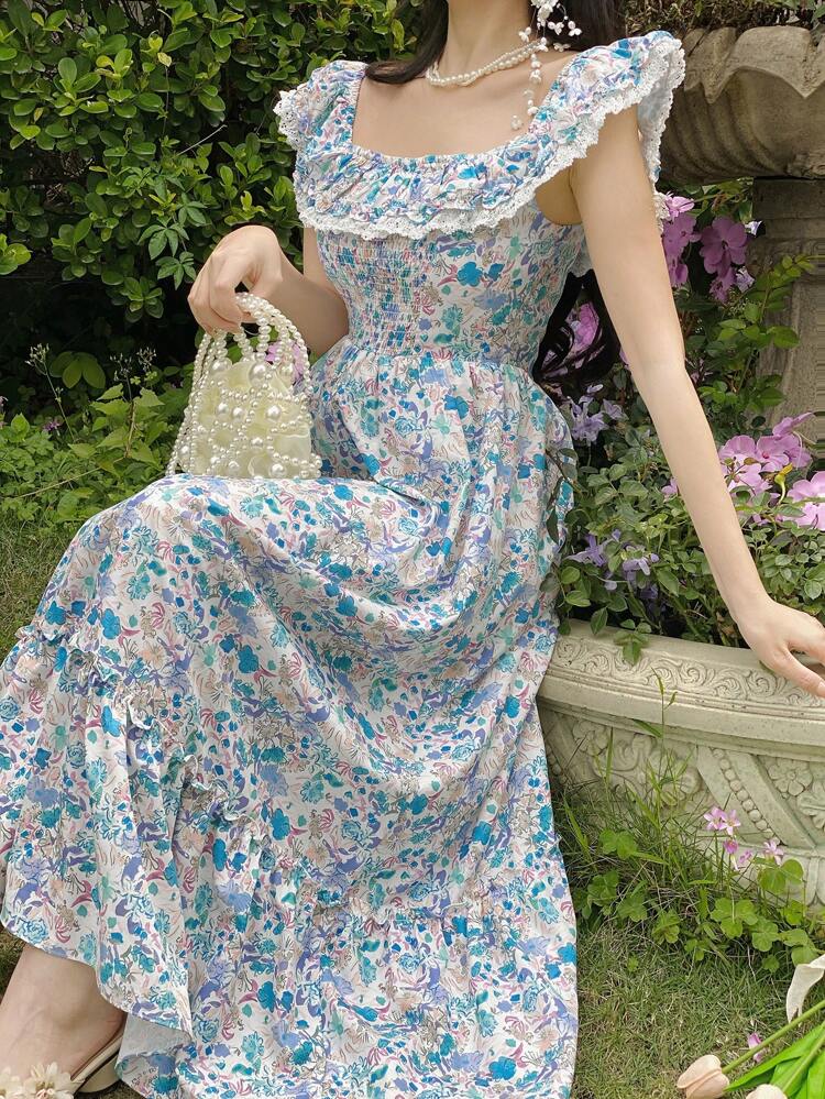 Women's Mid-Length Lace Trim Cap Sleeve Summer Dress, Suitable For Valentine's Day Vacation Outfits Women Floral Boho