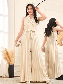 SHEIN Teen Girls Elegant Apricot Turn Down Collar Double-Breasted Tie-Waist Design Pleated Wide Leg Jumpsuit/Wedding Guest Outfit, Suitable For Occasions Like Holidays, Parties, Weddings, Back To School, Graduation