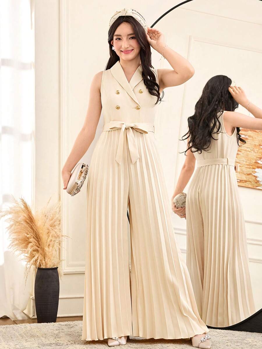 SHEIN Teen Girls Elegant Apricot Turn Down Collar Double-Breasted Tie-Waist Design Pleated Wide Leg Jumpsuit/Wedding Guest Outfit, Suitable For Occasions Like Holidays, Parties, Weddings, Back To School, Graduation