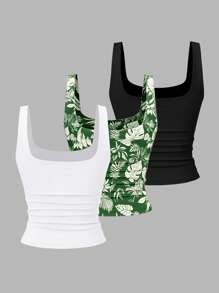 Sweetra Women Casual Printed Ruched Square Neck Tank Top, Summer - Multicolor - View 2