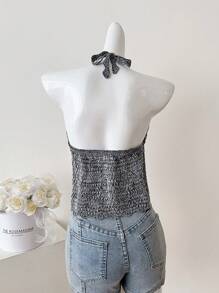 Elamini Top camisole en tricot à col en V, dégradé, ajouré, polyvalent pour femmes. Doux et délicat, pour le printemps/été. - Noir et Blanc - Voir 2