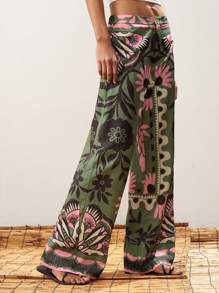 Maija 女士绿色夏季长裤，前拉链纽扣，后腰松紧带，斜插口袋，西部风格度假装，印花图案别致，宽松时尚休闲日常舒适长裤，适合圣帕特里克节、复活节、夏季海滩度假、夏季外出、毕业季等场合。 - 軍綠色 - 查看 4