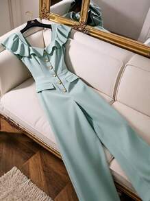 SHEIN Clasi Mono elegante de mujer de unicolor con mangas cortas y media solapa - Verde - Ver 1