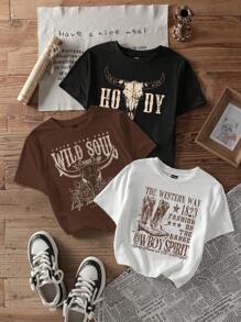 Attitoon 3 pièces Set: Bottes occidentales vintage, Motif occidental des années 90, Motif tête de taureau occidental, Impression de lettre occidentale vintage. T-shirt court et moulant à col rond, manches courtes, style minimaliste pour festival de musique d'été