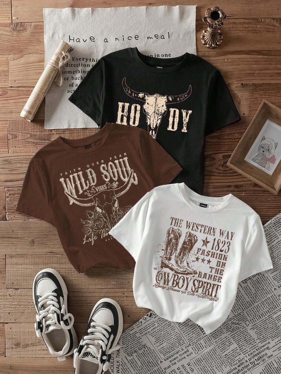 Attitoon 3 pièces Set: Bottes occidentales vintage, Motif occidental des années 90, Motif tête de taureau occidental, Impression de lettre occidentale vintage. T-shirt court et moulant à col rond, manches courtes, style minimaliste pour festival de musique d'été
