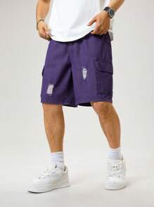 Manfinity Hypemode 男士休闲破洞翻盖口袋牛仔工装短裤，夏季 - 紫色 - 查看 3