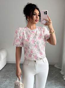 Franclia Floral Patched Pearl Collar Mature Charm Fashionable Shirt For Women, Summer - Multicolor - View 6