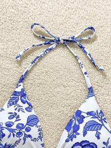 Swim Vcay Random Floral Print Halter Tie Front Bikini Top - Cadet Blue - View 3