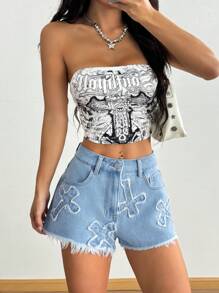 SHEIN Tall Street-Style Low-Waist Embroidered Frayed Hem Denim Shorts, Tall Women - Light Wash - View 1