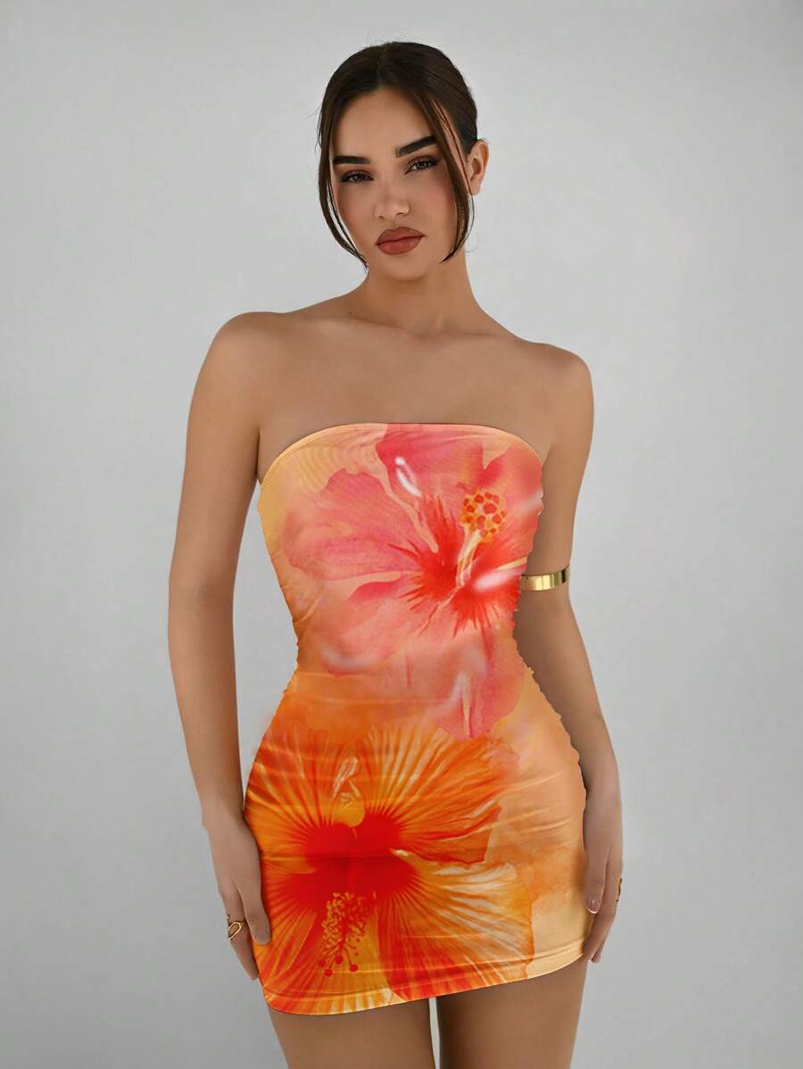 Aloruh Women's Casual Elegant Strapless Bodycon Mini Dress, Orange Floral Print, Hawaiian Print, Suitable For Vacation In Summer,Summer Dresses For Women Suitable For Going Out Chic Dress - Multicolor - View 1