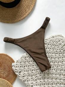 Swim Vcay Women's Summer Solid Color Thong Bikini Bottom - Coffee Brown - View 1