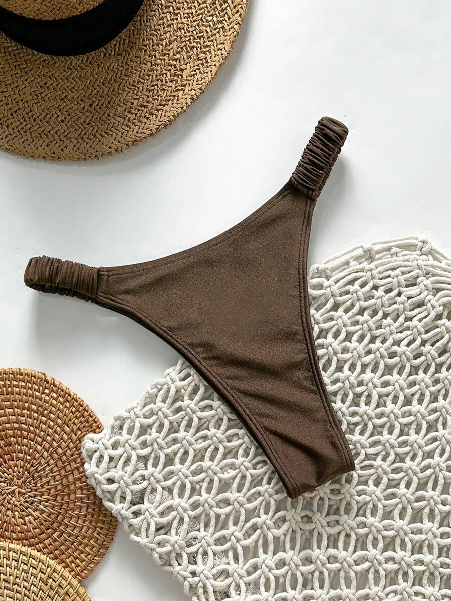 Swim Vcay Women's Summer Solid Color Thong Bikini Bottom - Coffee Brown - View 1