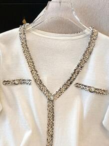 SHEIN LUNE Summer Casual Commute Color Block Knitted Sweater Top - Beige - View 7
