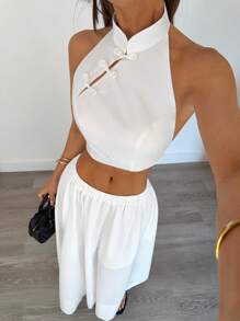 SHEIN Essnce 2 pezzi Set top corto e minigonna di colore tinta unita per donne in estate