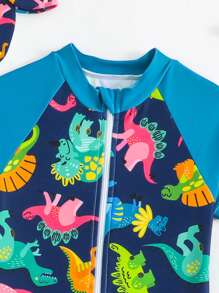 Traje de baño infantil de una pieza con cierre y estampado de dinosaurio de dibujos animados para niños pequeños, incluyendo gorro (Set de 2 piezas para niños pequeños - Traje de baño para jóvenes, ropa de natación para niños)