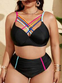Swim Lushoire 加大码女式两件套交叉肩带加垫文胸上衣和高腰褶饰三角泳衣套装，性感沙滩装 - 黑色 - 查看 3