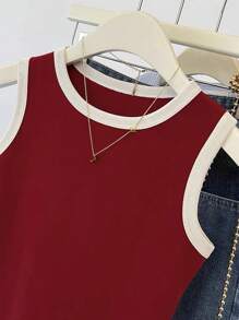 SHEIN Top sin mangas para mujer de cuello redondo con ribete de contraste, adecuado para uso diario en verano