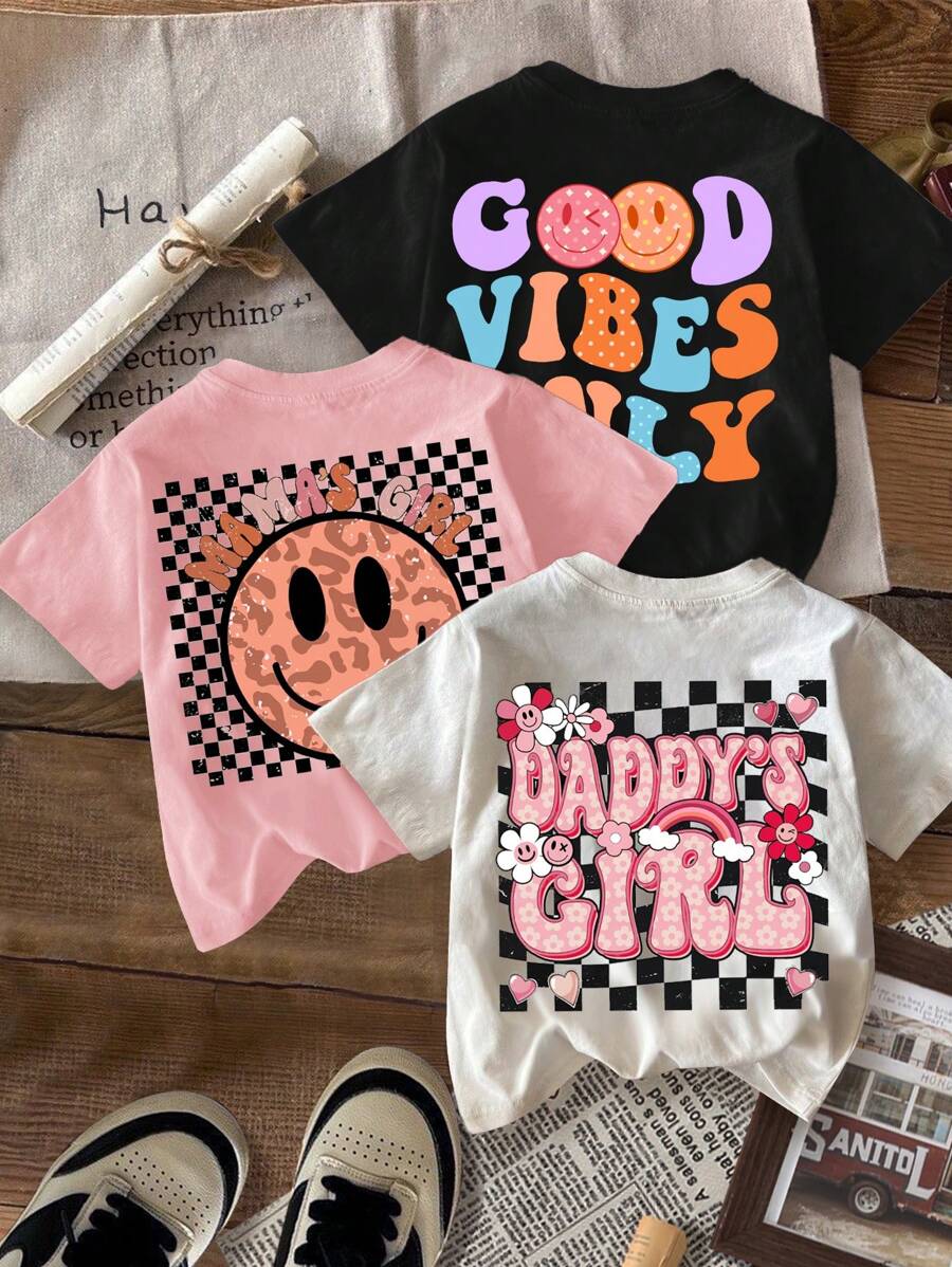 SHEIN Leap Crew Áo thun cổ tròn tay ngắn họa tiết hoạt hình dễ thương đơn giản cho bé gái, hoa, đen trắng, họa tiết kẻ caro trắng, đen, hồng nhiều mảnh phù hợp cho mùa hè - Nhiều màu - Xem 1