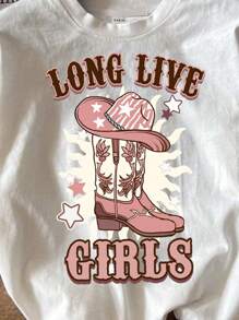 SHEIN Leap Crew Lässige, Einfache Stiefel Für Tween-mädchen Und Kurzärmliges Rundhals-t-shirt Mit Buchstabendruck, Geeignet Für Den Sommer