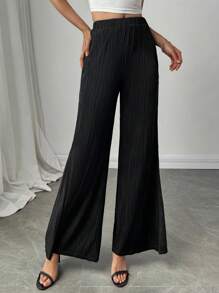 Firerie Elegant Ladies' Casual Vacation Slit Texture Mid-Rise Flared Pants, Suitable For Beach, Airport, Palazzo Pants - Black - View 4