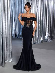 Glamrae Elegante y lujoso vestido negro de hombros descubiertos con bordados, aplicaciones de encaje, acento fruncido y volante de cola de sirena con tejido elástico, adecuado para bodas, cócteles, vacaciones, bailes y eventos formales (diseño elaborado), vestido de fiesta, vestido de noche, para invitados de boda - Negro - Ver 8