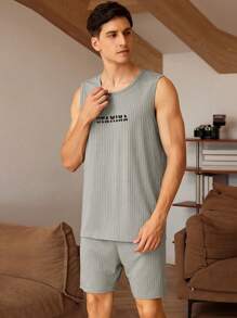 男士圆领无袖宽松罗纹针织家居服套装，夏季