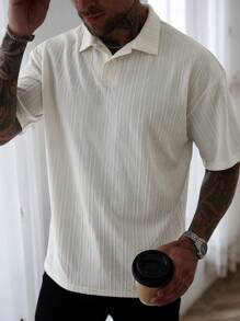 Manfinity Homme Men's Casual Vacation Style, Featuring An INS-Inspired Geometric Diamond-Textured Jacquard Knit Short-Sleeve Polo Shirt. Perfect For Music Festivals, Hawaii Beach Getaways - White - View 3