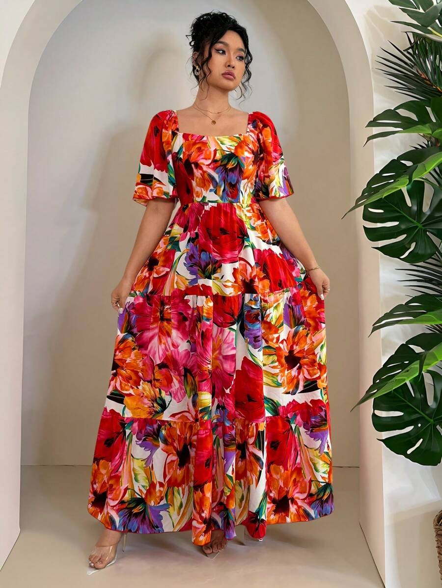 SHEIN Clasi 大码方领荷叶边袖热带度假印花连衣裙