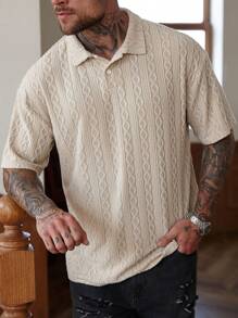 Manfinity Homme Men's Casual Vacation Style, Featuring An INS-Inspired Geometric Diamond-Textured Jacquard Knit Short-Sleeve Polo Shirt With A V-Neck Design. Perfect For Music Festivals, Hawaii Beach Getaways, Everyday - Apricot - View 4