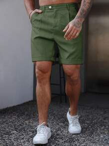 Manfinity Homme Shorts Casual de Cor Sólida com Bolso, Verão - Verde - Visão 3