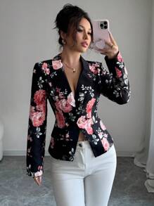Elenzga Printed Simple Elegant Lady's Suit Jacket, Minimalist Fashion Suitable For Summer Fall Cloth For Women - Black - View 5
