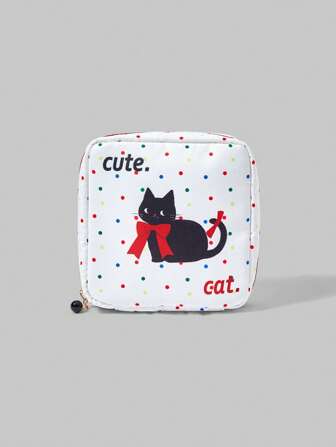 Kawaii Sac cosmétique portable grande capacité, matelassé épais, imprimé de chats et de nœuds papillons noirs pois colorés mignons, 1440731