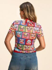 Paul Frank X SHEIN Maglietta da donna oversize con motivo a scimmia cartone animato, semi-trasparente, stile Y2K kawaii, adatta per vacanze estive e festival musicali