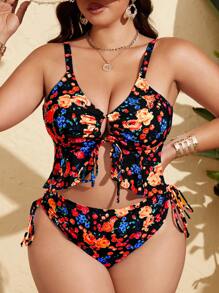 Swim Mod 加大码女式黑色打底碎花荷叶边胸部系带侧开叉两件套泳衣，适合度假 - 黑色 - 查看 5