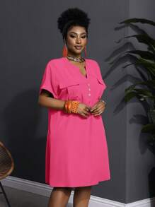 Slaydiva New Fashionable Elegant Casual/ Business Casual Women V-Neck Loose Shirt Dress With Pockets, Short Sleeve Mini Flowy Dress - A,Sun Dresses For Women - Hot Pink - View 8