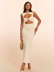 SHEIN BAE 女式性感无袖镂空金属装饰迷你连衣裙 - 杏色 - 查看 1