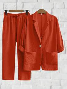 SHEIN Franclia Bộ đồ thường ngày bằng vải lanh pha trộn: Áo khoác blazer & Quần cạp rút - Rỉ Nâu - Xem 1