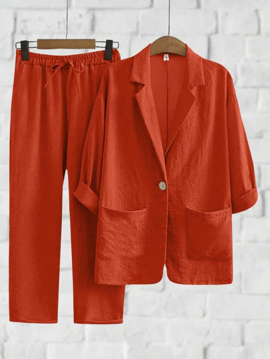 SHEIN Franclia Bộ đồ thường ngày bằng vải lanh pha trộn: Áo khoác blazer & Quần cạp rút - Rỉ Nâu - Xem 1