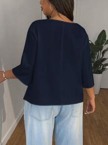 SHEIN EZwear 大码海军蓝雪纺短袖衬衫，春夏假日风格