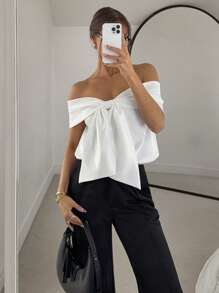 Siren Gaze 女式夏季优雅纯色露肩蝴蝶结装饰衬衫 - 白色 - 查看 1