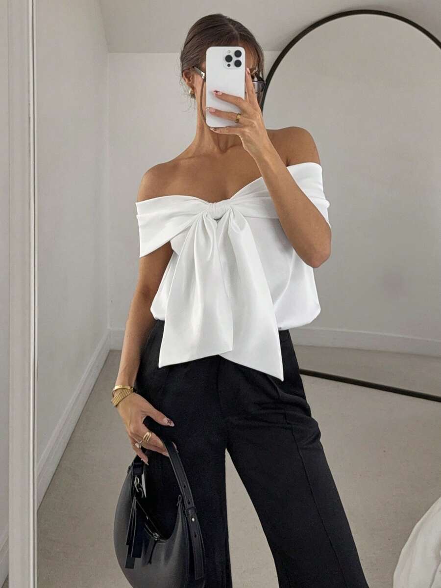 Siren Gaze 女式夏季优雅纯色露肩蝴蝶结装饰衬衫 - 白色 - 查看 1