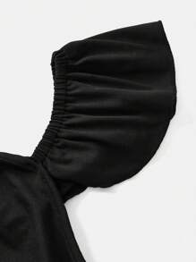 Teen Girl's Teenage Elegant Fitted Off Shoulder Cap Sleeve Pleated Waist Black Short Dress, Suitable For Daily Outing, Garden, Party, Birthday And Other Occasions, Mini Party Dress - Black - View 3