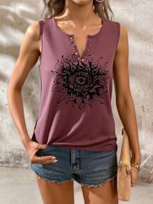 Women's Printed Small V-Neck Sleeveless Tank Top, Fashionable For Summer - Dusty Pink - View 1