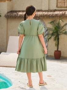 1pc Girls' Hollow Out Patchwork Bubble Sleeve Maxi Dress, Green Country Vacation Style, Spring/Summer - Green - View 2