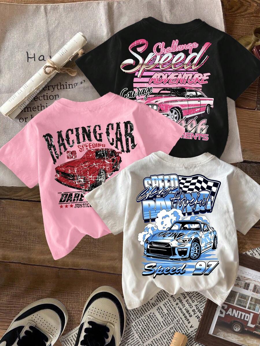 SHEIN Leap Crew Tween Girl 3pcs/Set Casual Simple Car Graphic Print Short Sleeve T-Shirts, Suitable For Summer & Autumn, Back To School Clothes - Multicolor - View 1