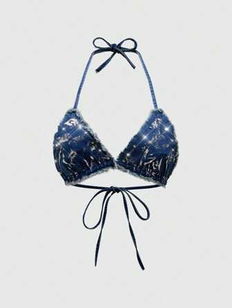 Grunge Punk Sexy Music Festival Streetwear Punk Vintage Rivet Foil Halter Backless Tie-Up Bow Denim Crop Top In Black And Blue For Women