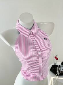 Elamini Spring/Summer Sleeveless Collar Striped Embroidered Slim Fit Women Shirt - Pink - View 5