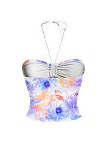 Vecteezy Floral Print Women Casual Ruched Chest Sleeveless Tight Fit Ribbed Camisole Tank Top, Suitable For Summer - Purple - View 2