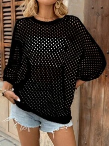 Breezaya Áo len dệt kim rỗng cổ tròn tay cánh dơi màu mơ giản dị cho nữ, mùa xuân/thu - màu đen - Xem 7