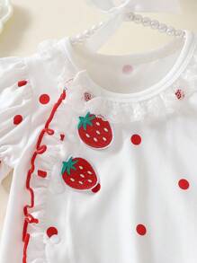 Infant & Baby Girl Ruffled Collar Strawberry Embroidery Polka Dot Bubble Sleeve Romper With Ruffle Hem, Cute & Comfortable For Home And Outdoor, Spring/Summer/Autumn
